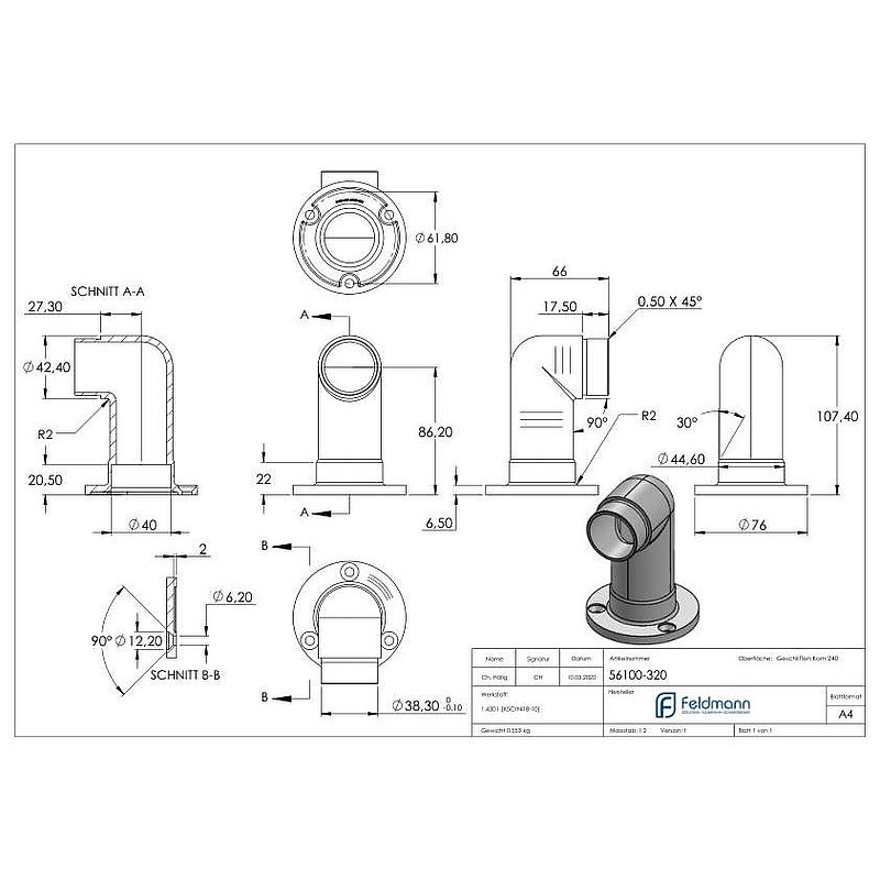 Fixation murale 90° longue, pour tube Ø 42,4x2,0mm, V2A