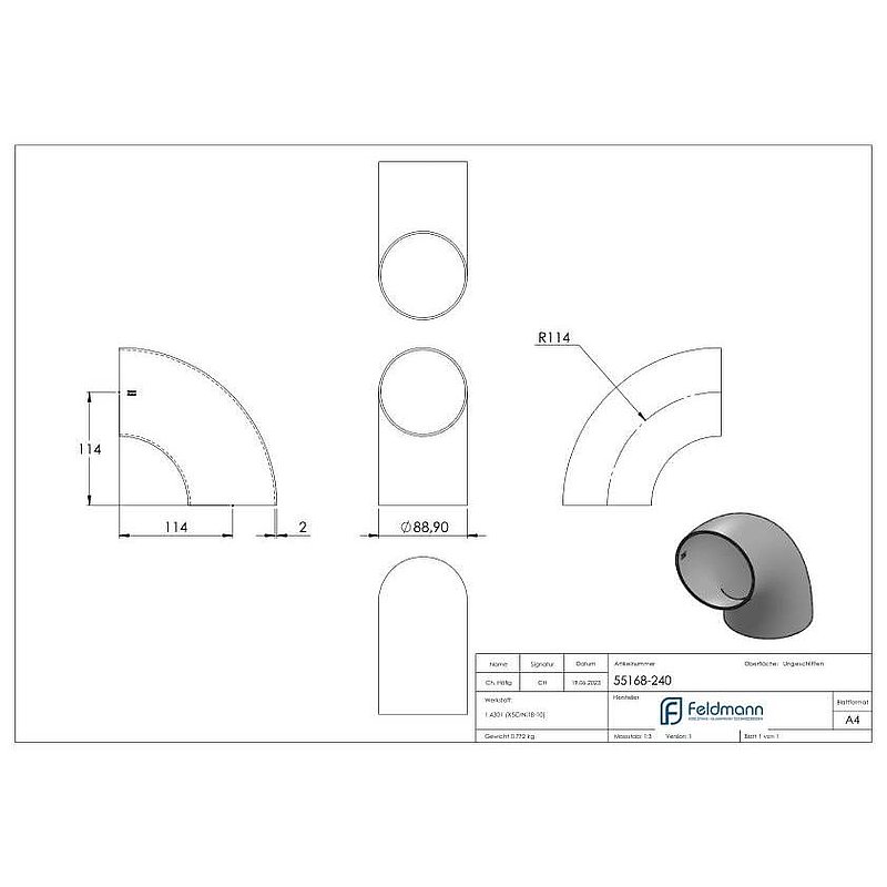 Schweißbogen 90°, 88,9 x 2,0mm, ungeschliffen, V2A