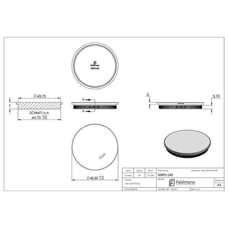 Bouchon pour extrémité de tube, pour tube 48,3x2,0mm, V2A