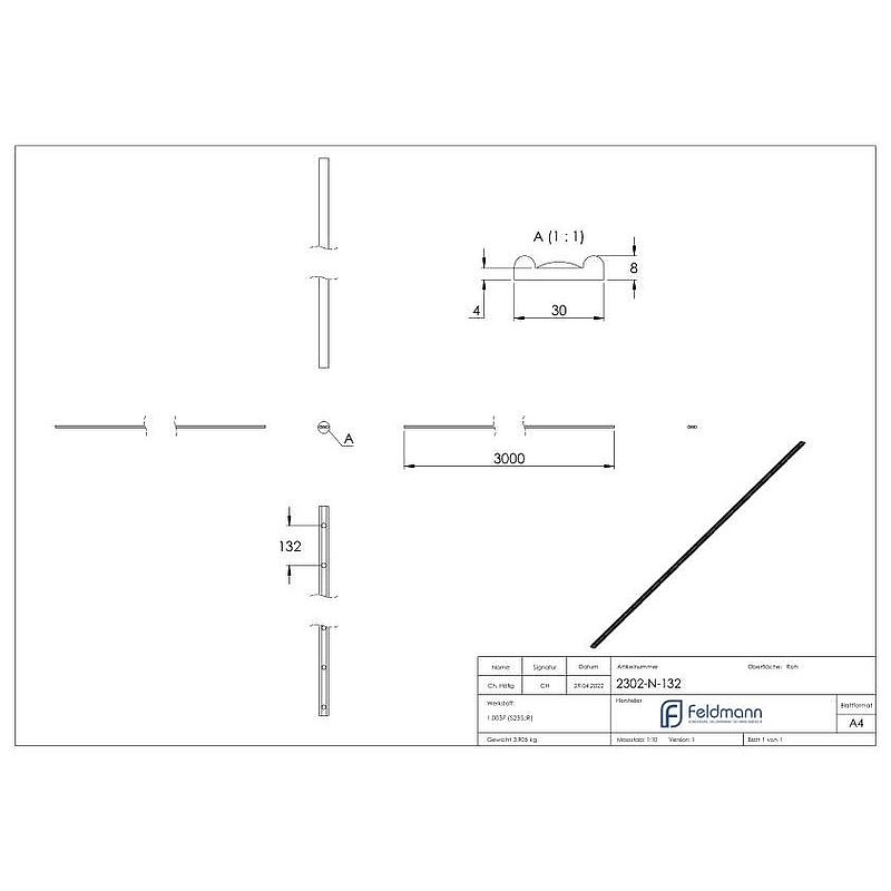 Hespeneisen S235JR, 30x8x4mm, L: 3000mm