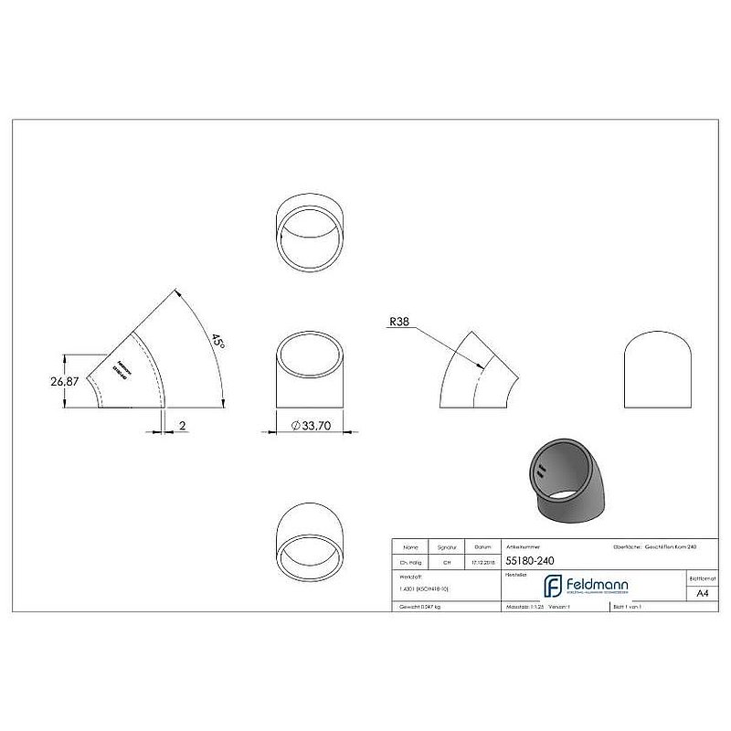 Welding elbow 45°, 33,7x2,0mm, AISI304