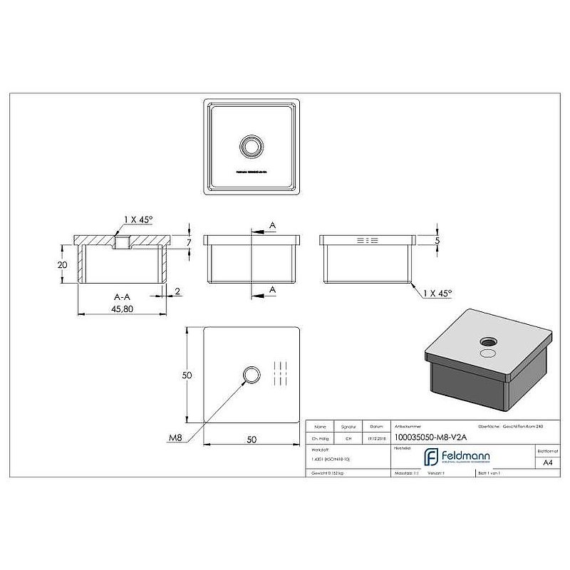 Einsteckkappe, für Rohr 50x50x2,0mm, V2A