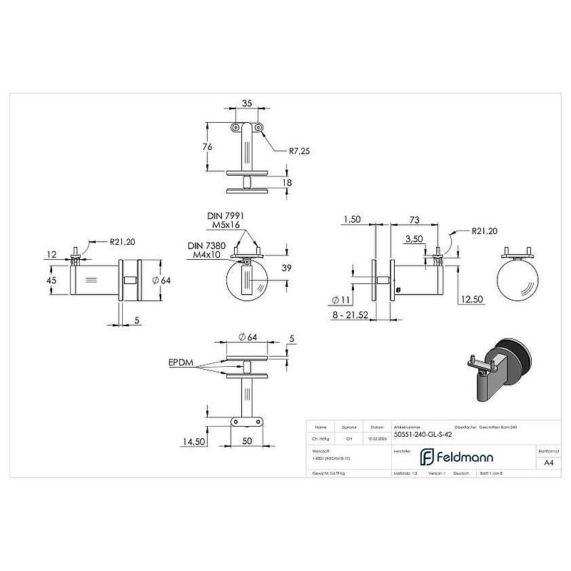 Sensa Design 2, for tube 42.4mm, for mounting on glass, with joint for incline, AISI304