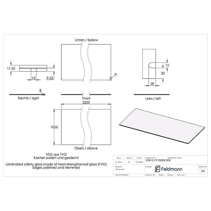 Eleganza canopy Glas: 2200x1000mm VSG aus 2x8mm TVG mit 1,52mm PVB