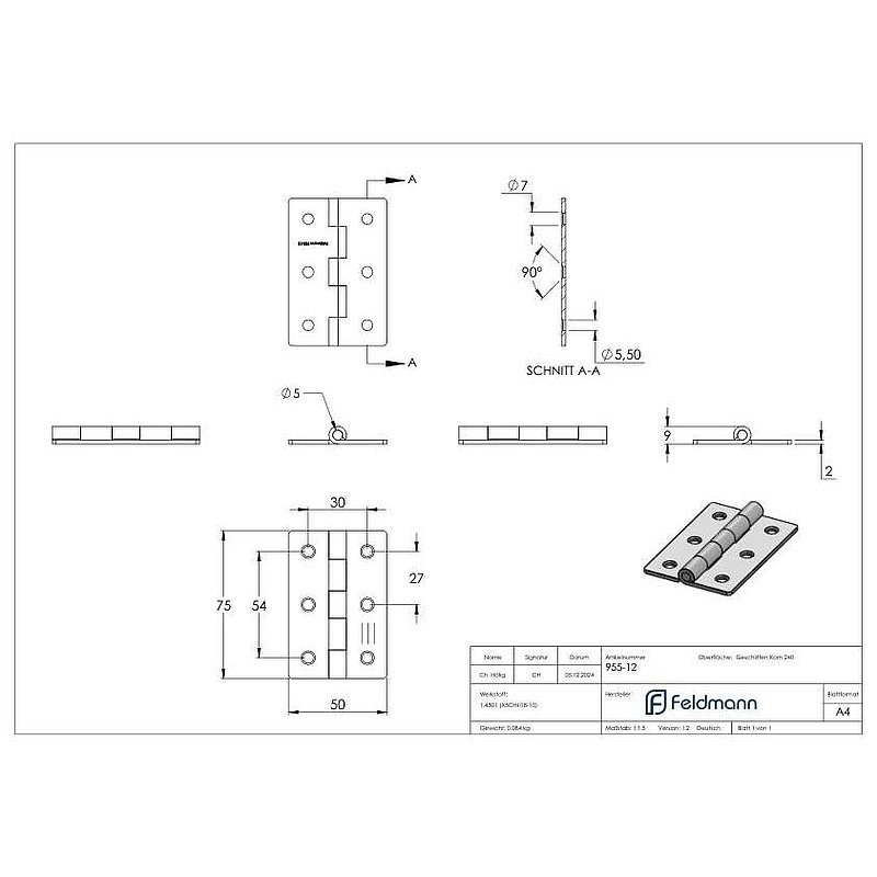 Stainless steel hinge 75x50mm with fixed pin