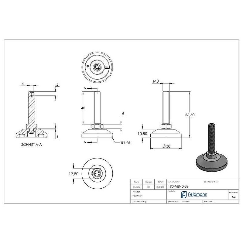Levelling foot with adjusting screw with hexagon socket