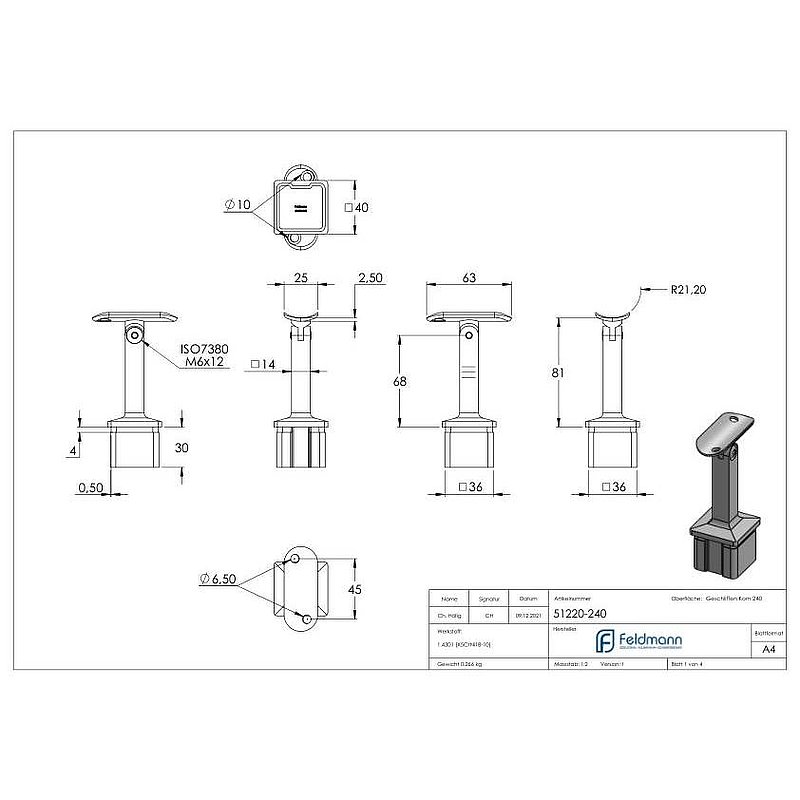 Tube end plug with hinge pin for tube 40x40x2mm, AISI304