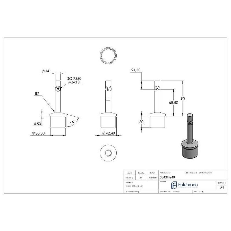 Rohrabschlussstopfen mit Gelenkstift für Rohr 42,4x2,0mm, V2A