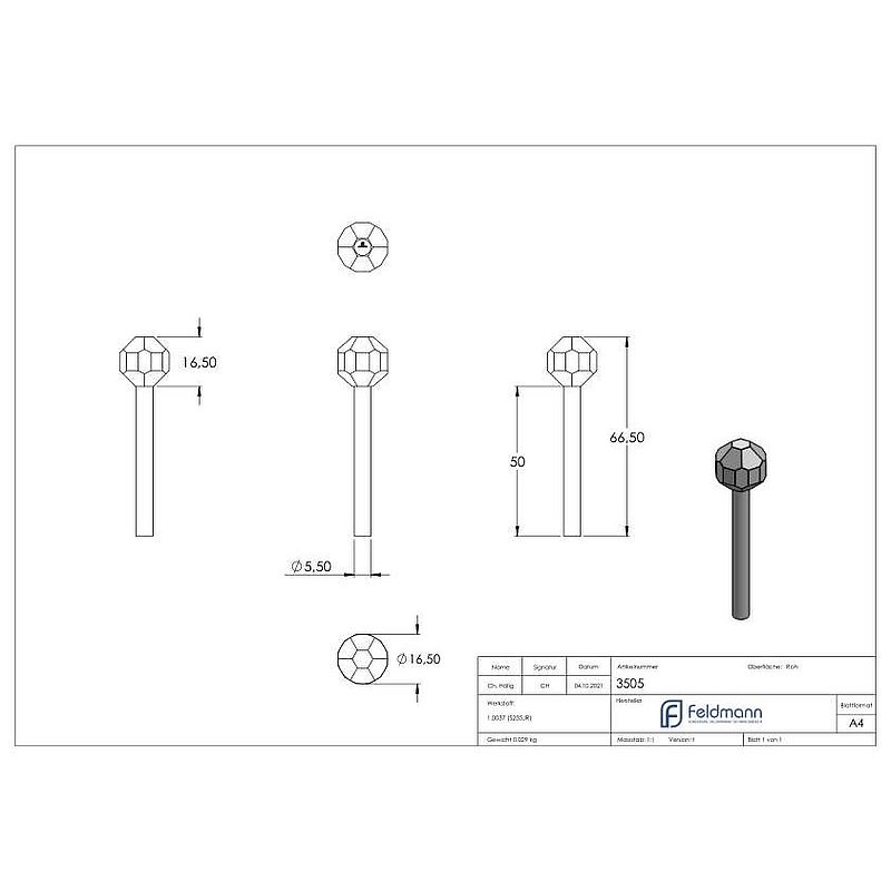 Ball head bolt, ball 16mm