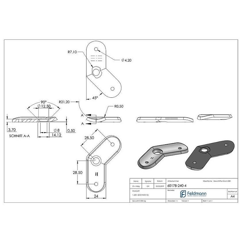 Handlaufanschlussplatte 135° 42,4mm, V2A