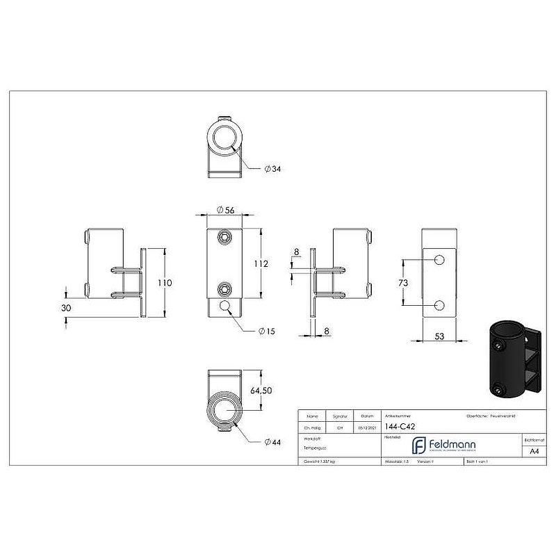 Wall bracket with 2 holes, for pipe Ø 42.4 mm