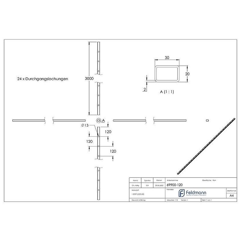 Rectangular tube 30x20x2mm, perforated for Ø 12mm, centre-centre distance 120mm, L: 3000mm