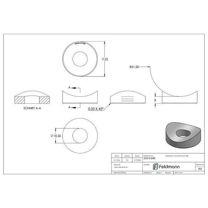Ausgleichsstück für Rohr 42,4mm, Ø 25mm, V2A