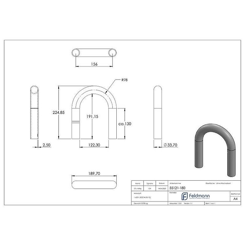 Tube bend 180°, made from 33.7x2.5mm tube, AISI304