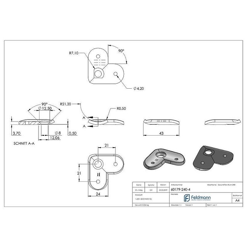 Handrail connection plate 90° 42.4mm, AISI304