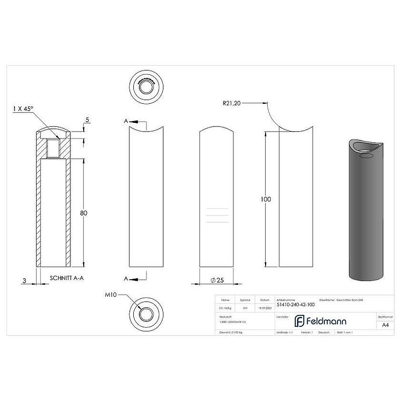 Wall bracket for tube 42.4mm, L: 100mm, AISI304