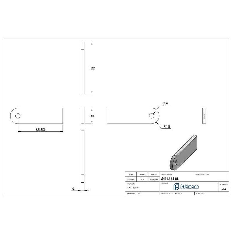 Weld-on bracket 100x30x6mm with round hole 9mm