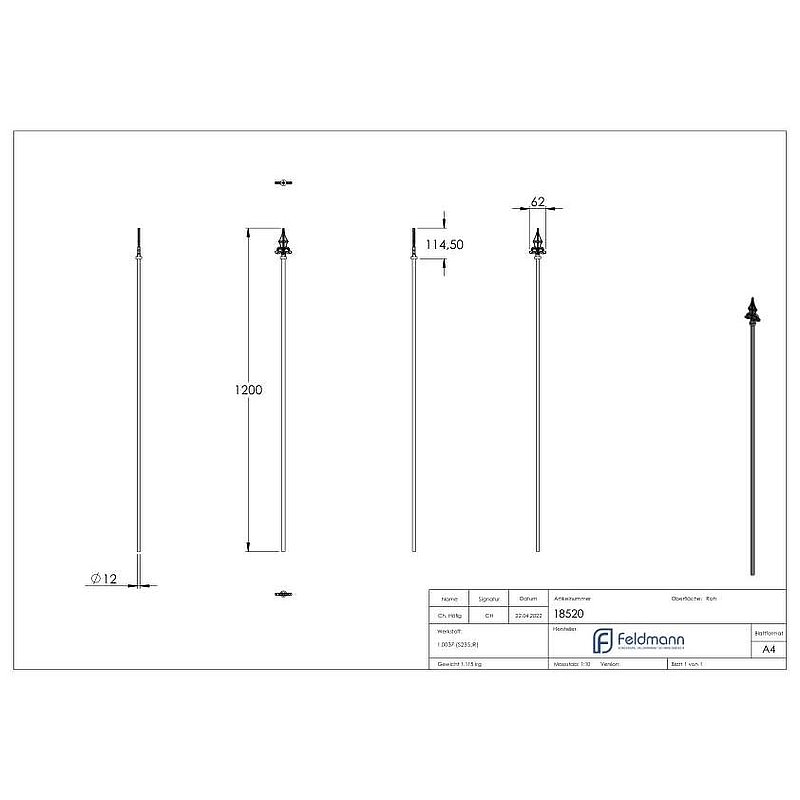 Barre de clôture Ø12mm, H : 1200mm, bout en Fer de lance, base 124-1