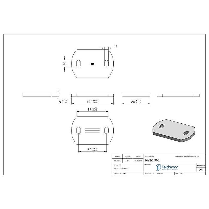 Anchor plate, 120x80x8mm, with longitudinal grinding, AISI304