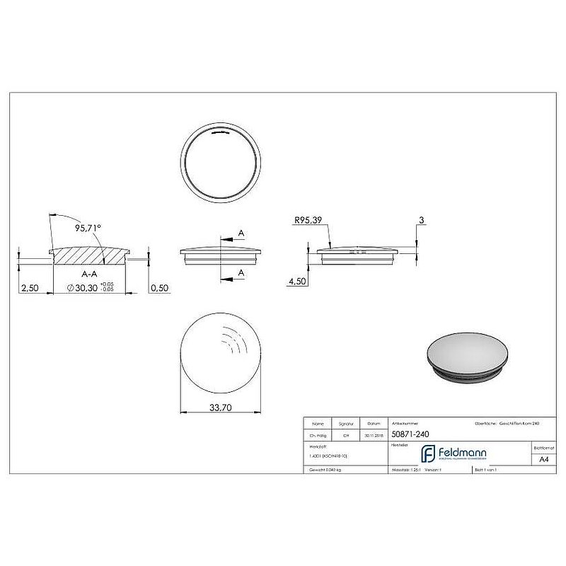 Tube end plug, for tube 33.7x2.0mm, AISI304
