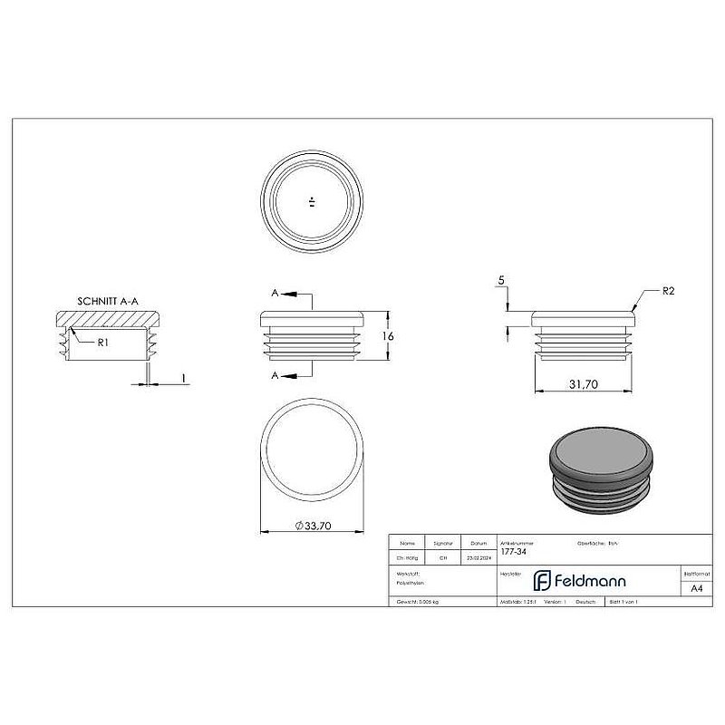 Bouchon plastique pour tube rond 33,7mm