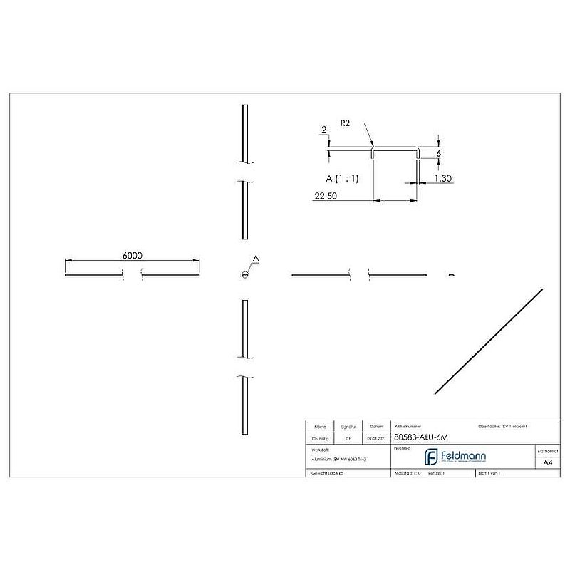 Edge protection EXTRA SLIM, for glass 20.00 - 21.52mm, L: 6000mm, aluminium E4/EV1