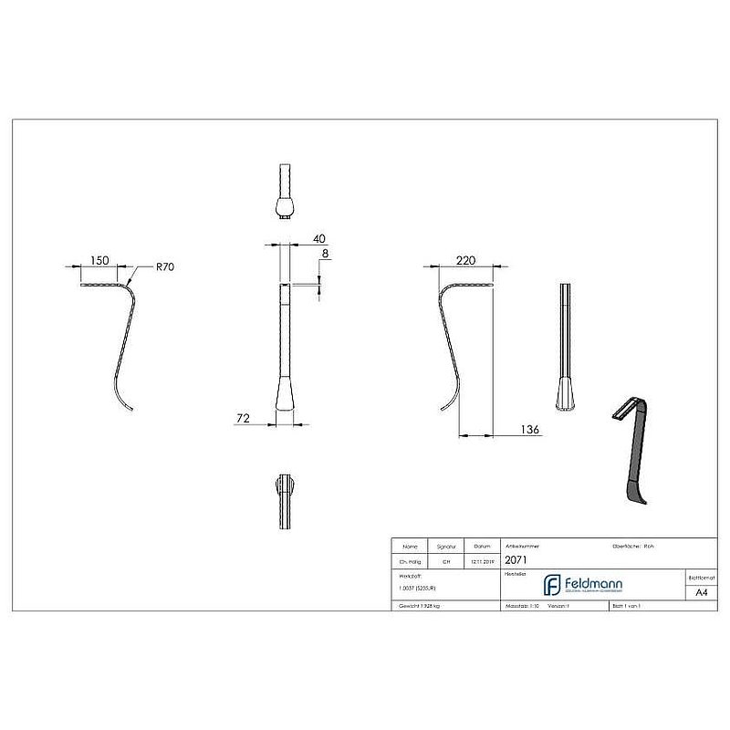 Handlaufanfänger S235JR, 40x8mm, geschwungen