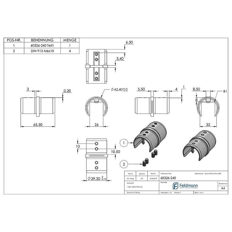 Tube connector for grooved tube 42.4 mm, AISI304