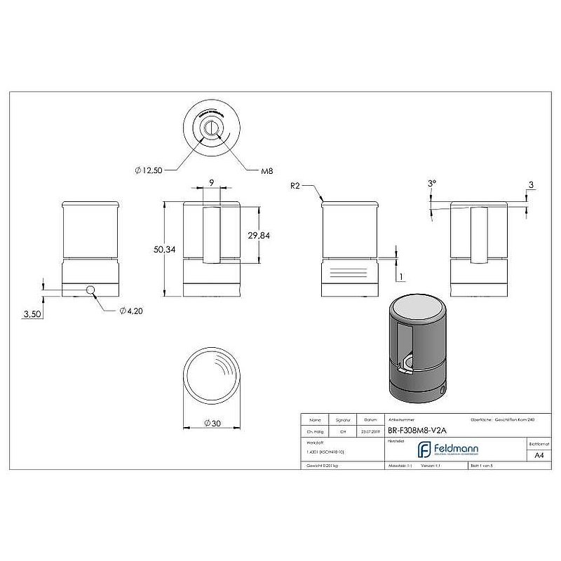 Brenk base holder for flat bars 30x8mm, AISI304