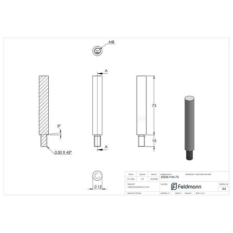 Stift Ø 12mm, L: 75mm, V4A