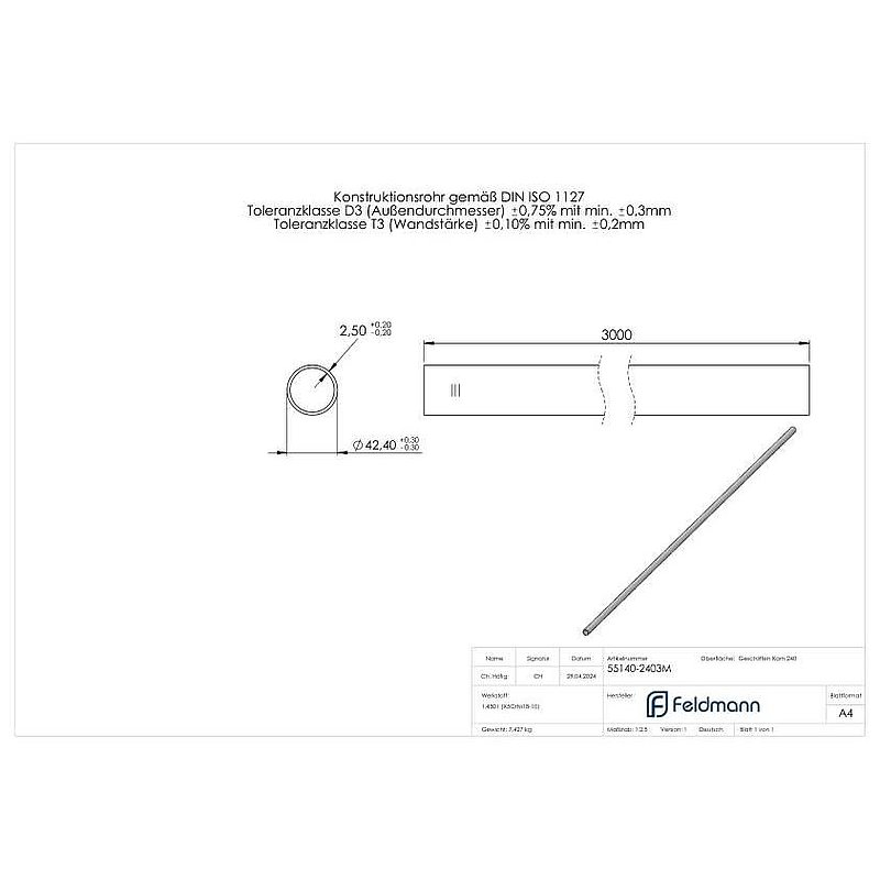 Edelstahlrohr, 42,4x2,5mm, L: 3000mm, V2A