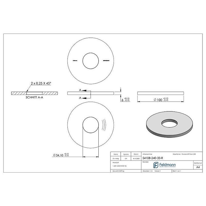 Anchor plate Ø 100x6mm, with round grinding, AISI304