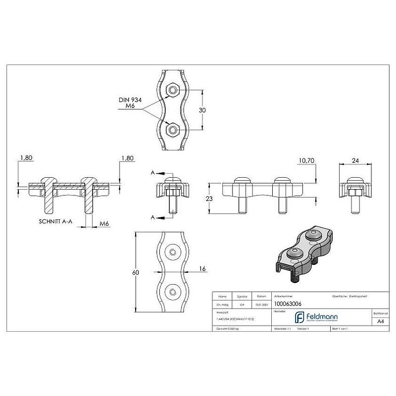 Duplexklemmen für Seil 6mm, V4A