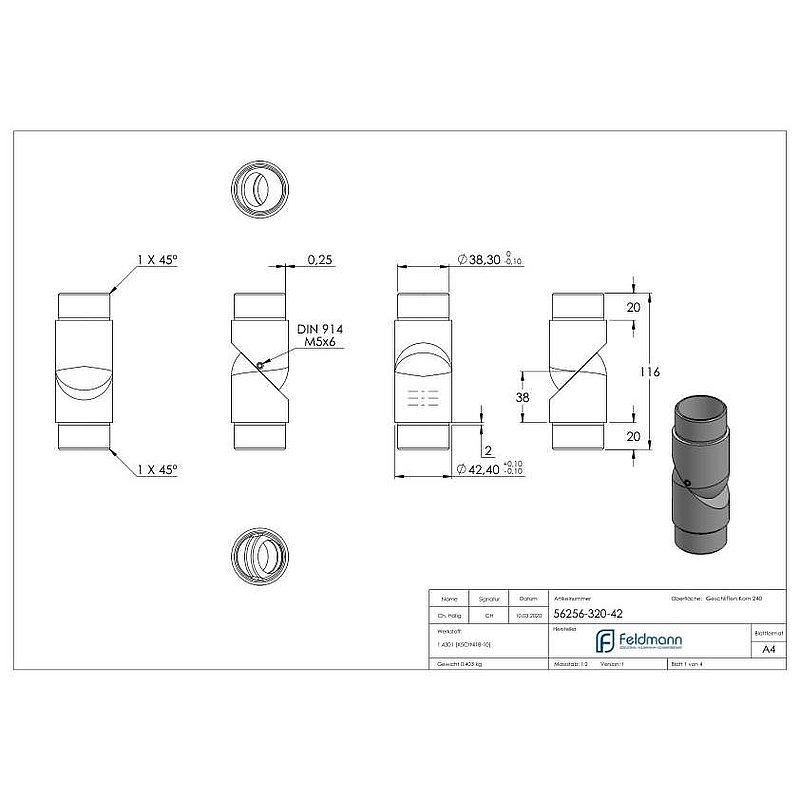 Gelenkstück, für Rohr 42,4x2,0mm, V2A