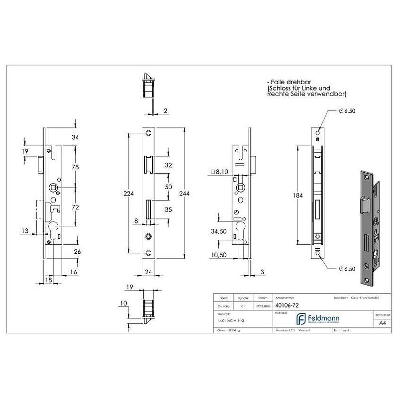 Galvanised tubular frame lock, spacing 72 mm galvanised, backset 18 mm