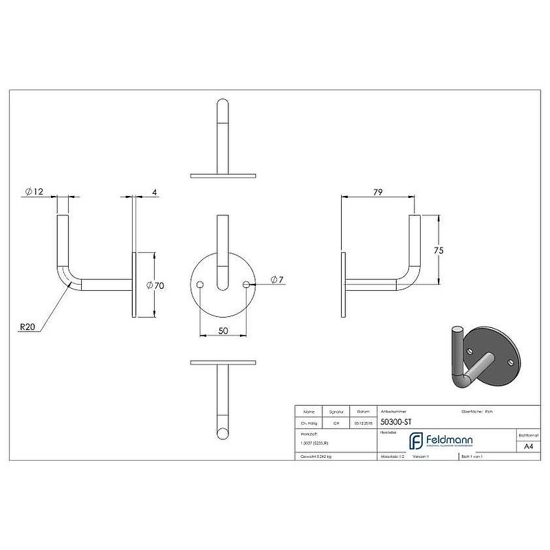 Support mural de main-courante à souder, 70x4mm