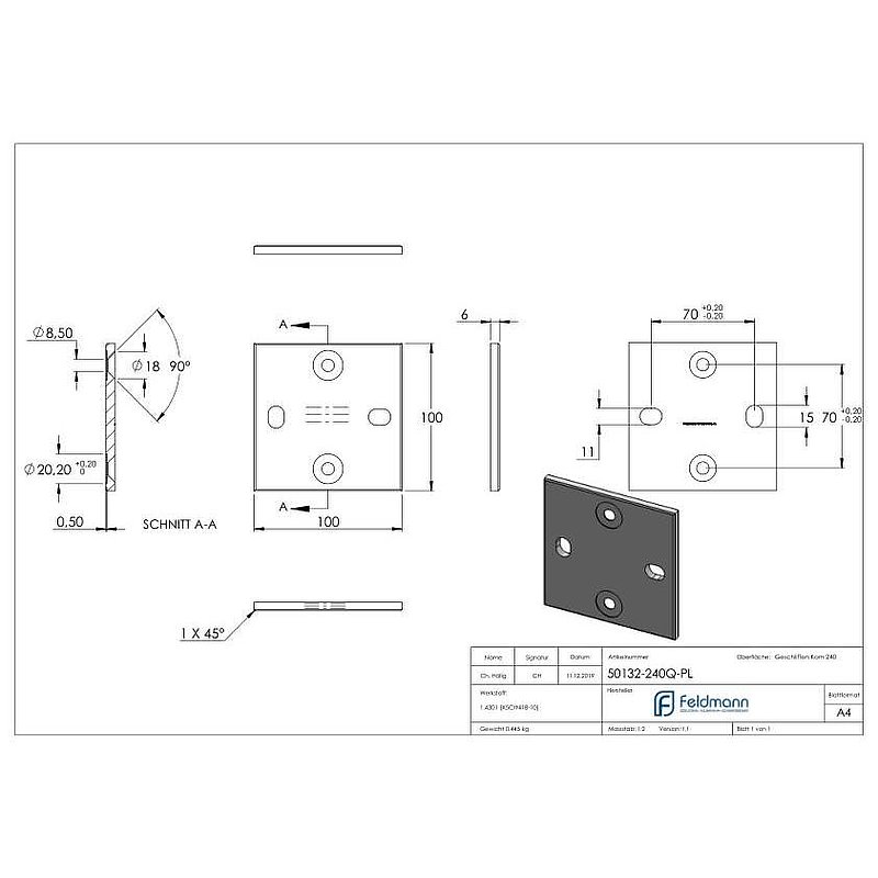 Ankerplatte, 100x100x6mm mit Fase, für DH, V2A
