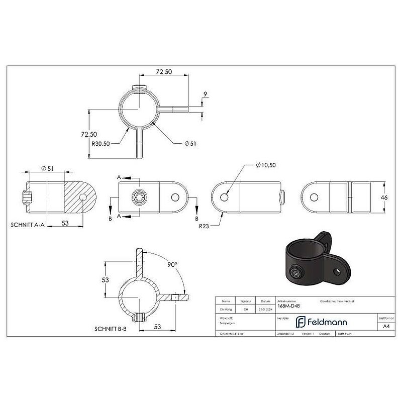 Holder with 2 brackets, 90°, for pipe Ø 48.3 mm