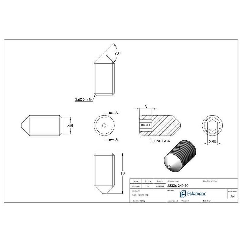 Gewindestift M5x10, V2A, DIN 914 / ISO 4027