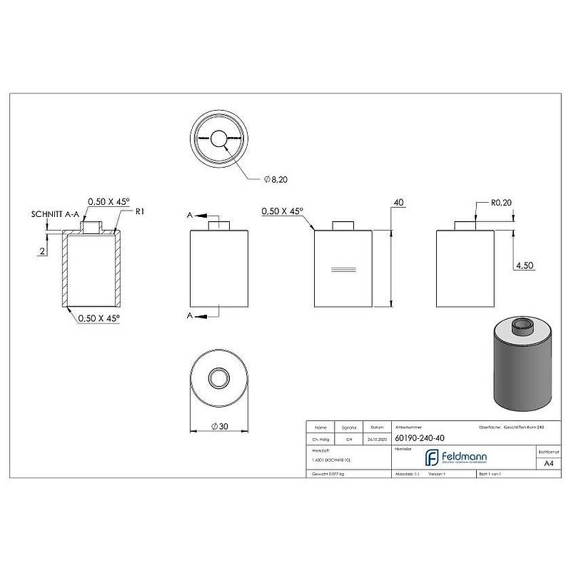 Unterteil Ø 30mm, mit Durchgangsbohrung , t: 40mm, V2A