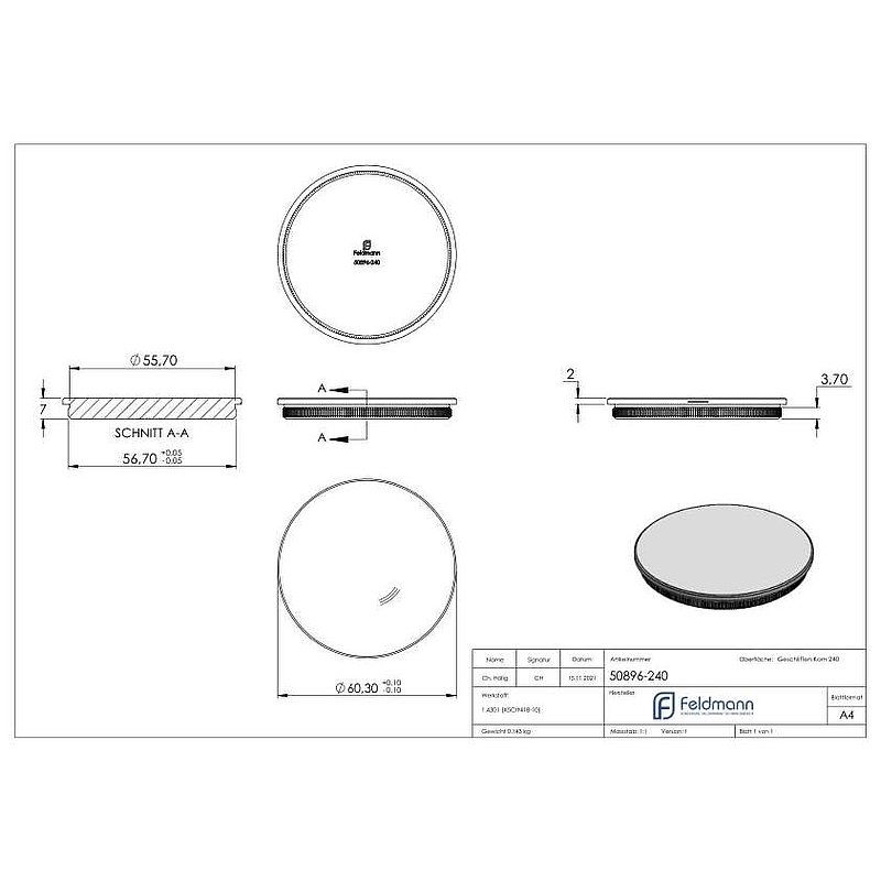 Rohrabschlussstopfen, für Rohr 60,3x2,0mm, V2A
