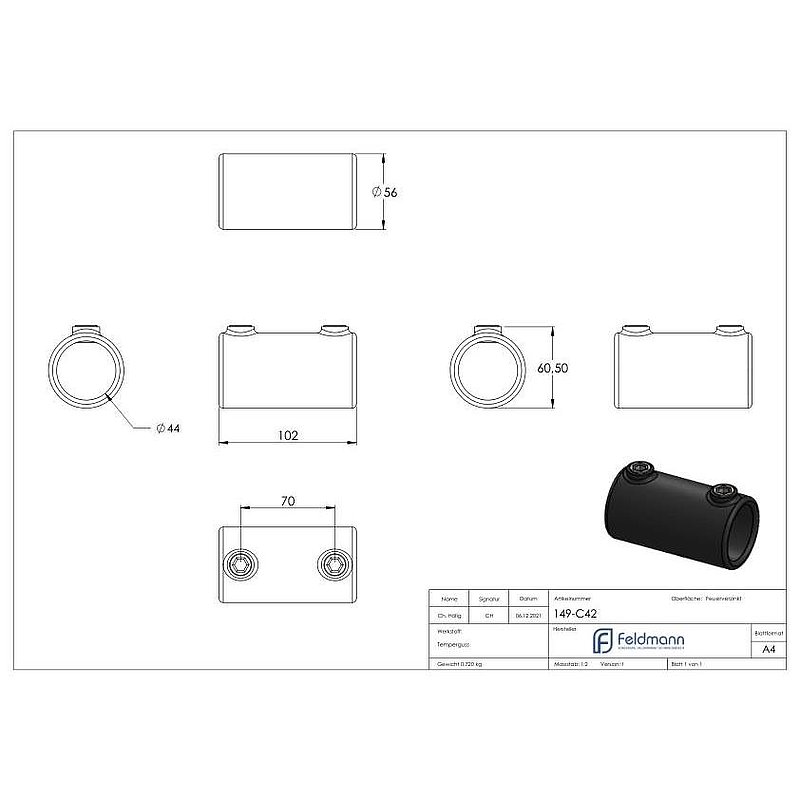 Connector, straight, for pipe Ø 42.4mm