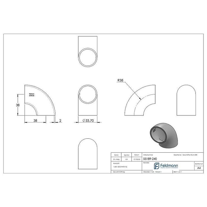 Schweißbogen 90°, 33,7x2,0mm, V2A