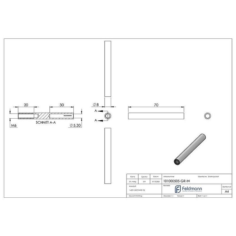 Threaded terminal for rope 5mm, AISI304