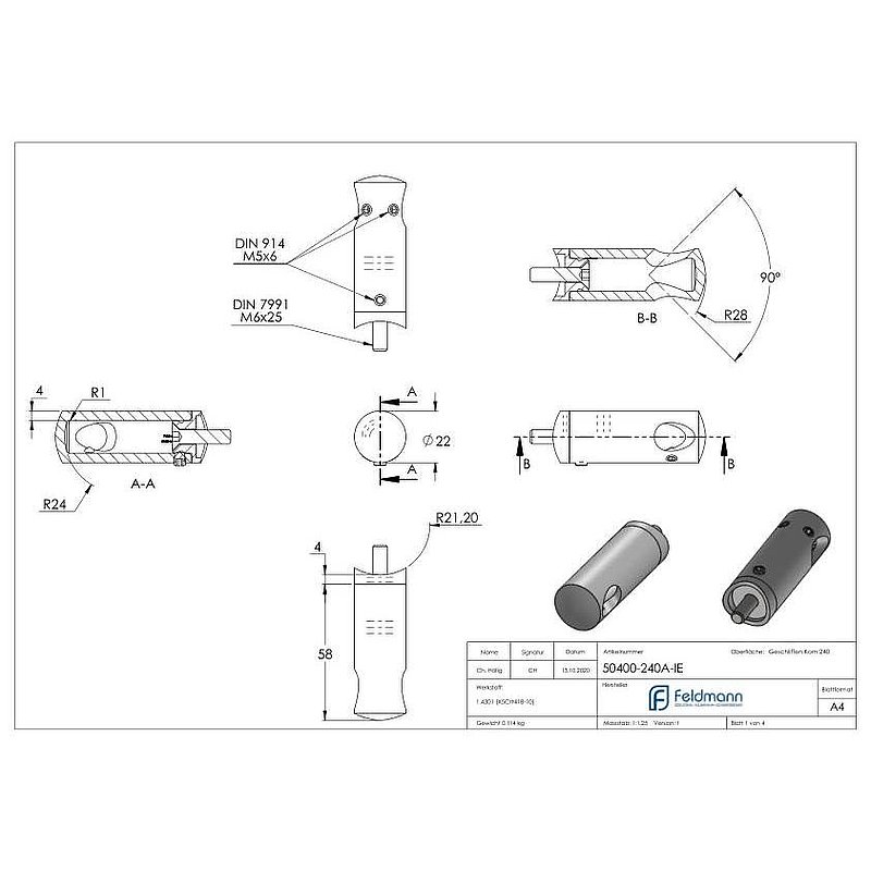 Querstabhalter für 42,4mm Rohr, 12,2mm Bohrung, Innenecke, V2A