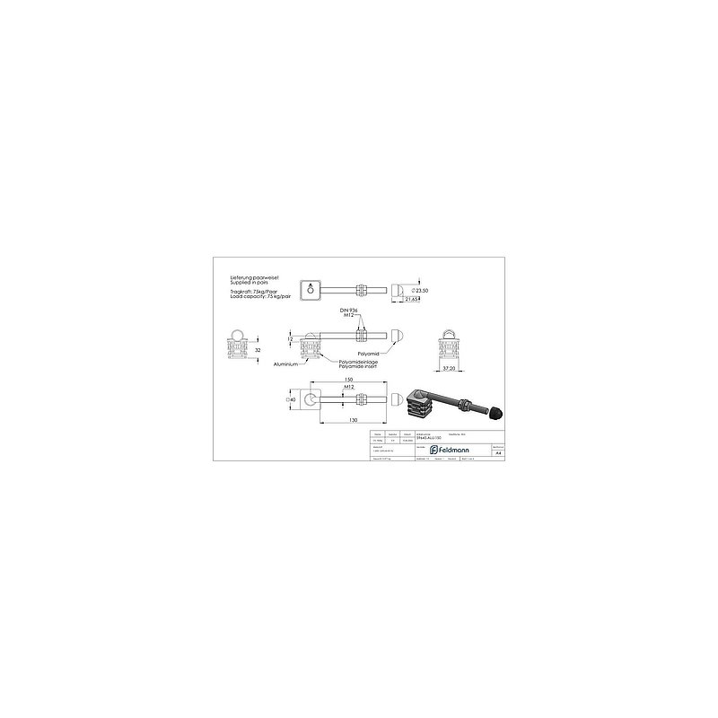 Jeu de charnières pour portail M12 d'une longueur de 150mm pour tube 40 x 40 x 2,0mm avec capuchon