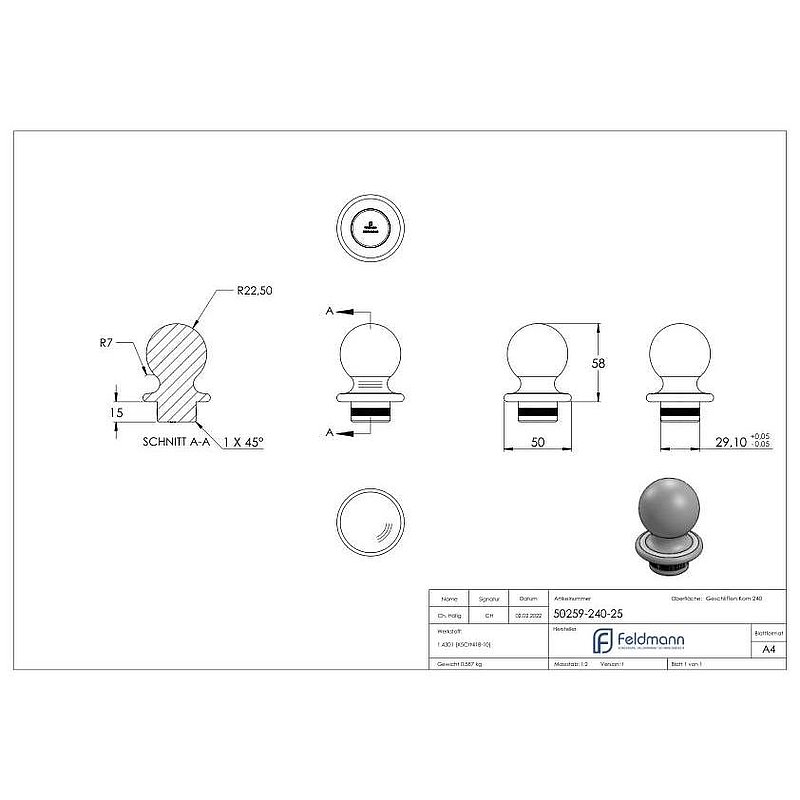 Ball tube knob, for tube 33.7x2.5mm, AISI304