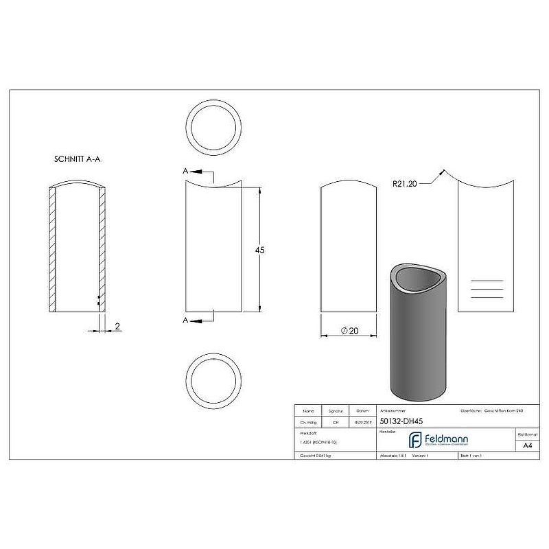 Spacer sleeve, L: 45mm, for 42.4mm, AISI304