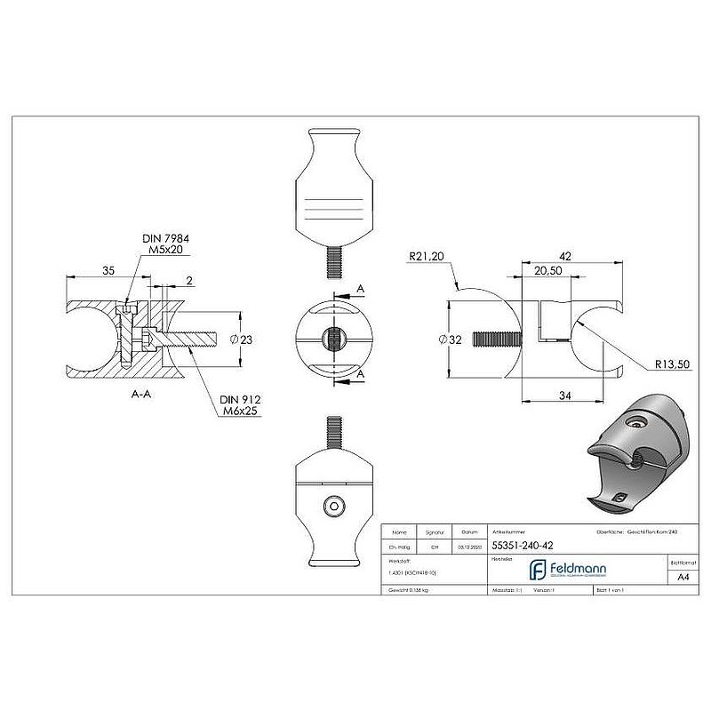 Holder for round clamping profile 27mm Connection: 42.4mm, AISI304
