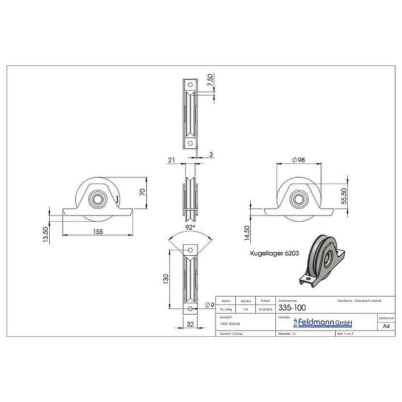 Sliding door roller with internal fixing V-groove